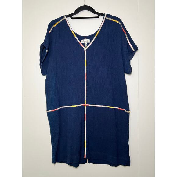 Madewell Size Large Navy Cotton Gauze Shirt Dress with Multicolor Stitching - Picture 1 of 7
